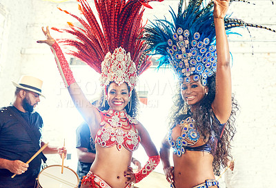 Buy stock photo Carnival, dance celebration and women at a festival to party, salsa performance and culture event in Rio de Janeiro, Brazil. Music festival, dancing and portrait of dancer with a band at new year