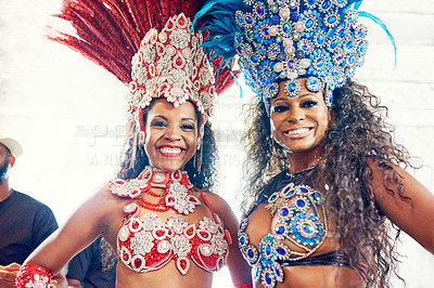 Buy stock photo Samba, music and dance with women at carnival  for celebration, party and festival in Rio de Janeiro. Summer break, show and creative with brazil girls  for performance, holiday and culture event