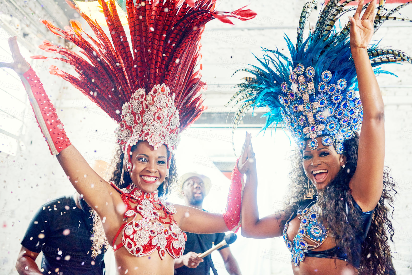 Buy stock photo Brazil, samba dancing and carnival event dance for rio de janeiro concert, music festival or Brazilian culture party portrait. Celebration performance, dancer costume and happy salsa for new year