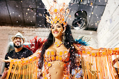 Buy stock photo Samba, music and dance with woman at carnival  for celebration, party and festival in Rio de Janeiro. Confetti, show and creative with brazil girl  for performance, new year and culture event
