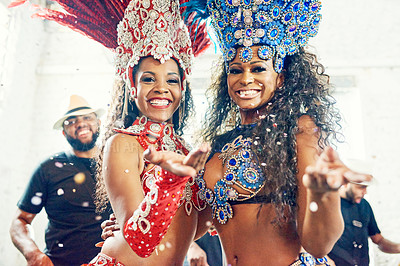 Buy stock photo Black women, samba dance and carnival party in Brazil for dancing festival, music event show and crazy new year celebration. Rio De Janeiro, happy face smile and portrait of latin Brazilian culture 
