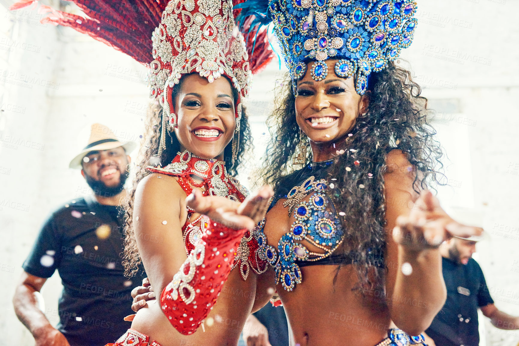 Buy stock photo Black women, samba dance and carnival party in Brazil for dancing festival, music event show and crazy new year celebration. Rio De Janeiro, happy face smile and portrait of latin Brazilian culture 

