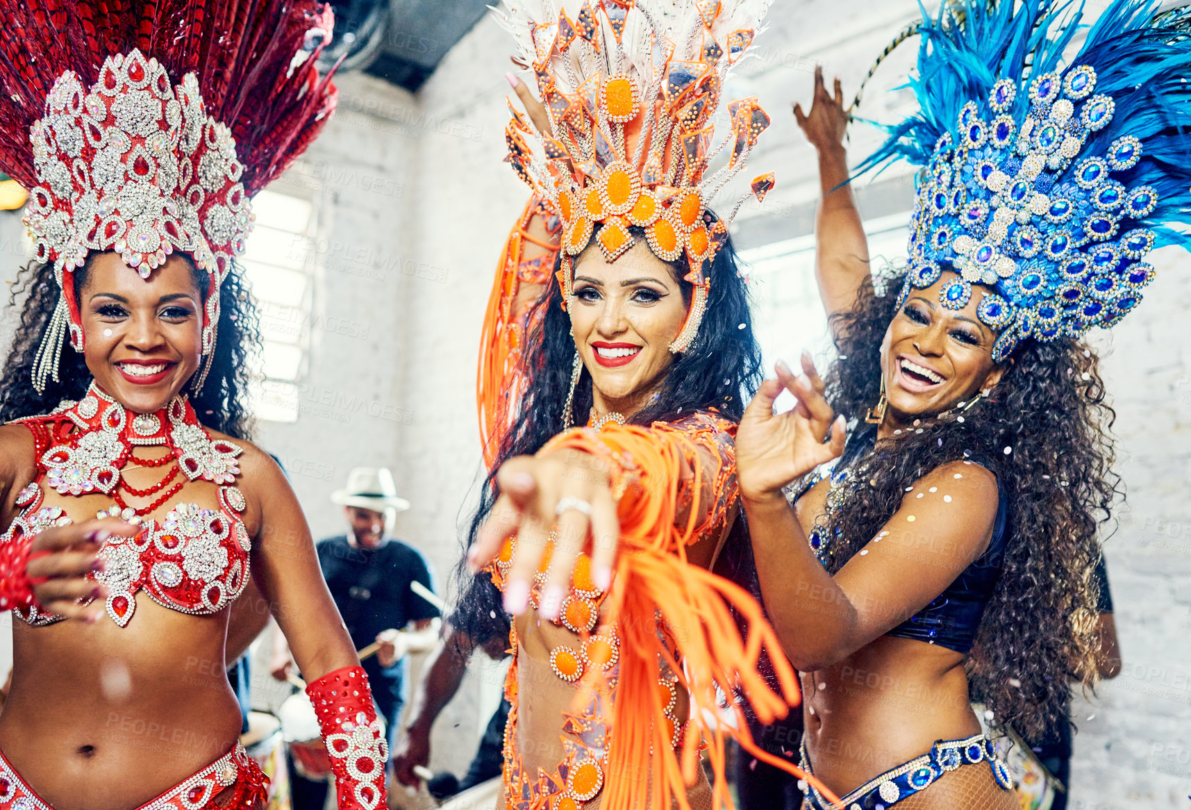 Buy stock photo Brazil carnival, women and samba dancing for celebration at party, event or festival with costume for live music performance. Happy female group doing culture dance at Rio de janeiro new years show