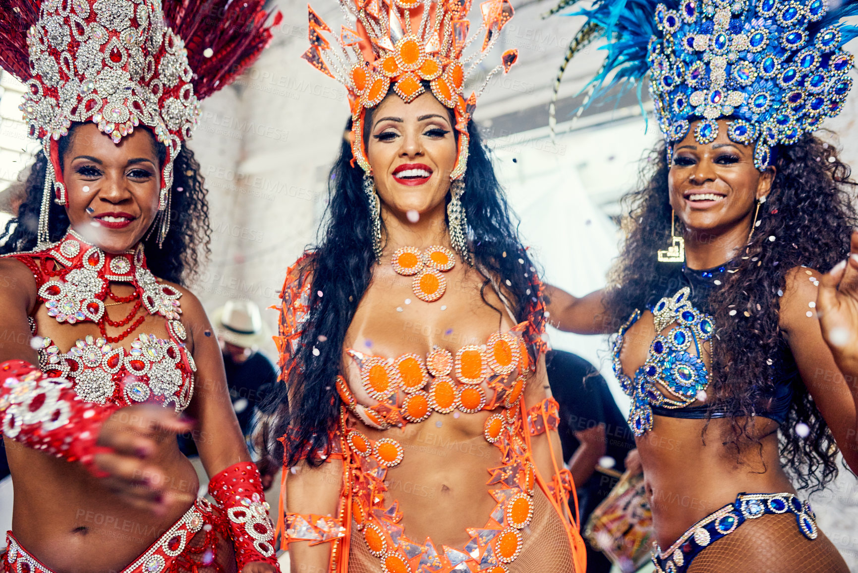 Buy stock photo Samba, music and dance with women at carnival for celebration, party and festival in Rio de Janeiro. Summer break, show and creative with portrait brazil dancer for performance, new year and culture