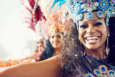 Buy stock photo Portrait of women, samba and Brazilian carnival dancers in creative fashion for celebration, party and music festival event. Happy black woman dancing in rio de janeiro for salsa group performance 