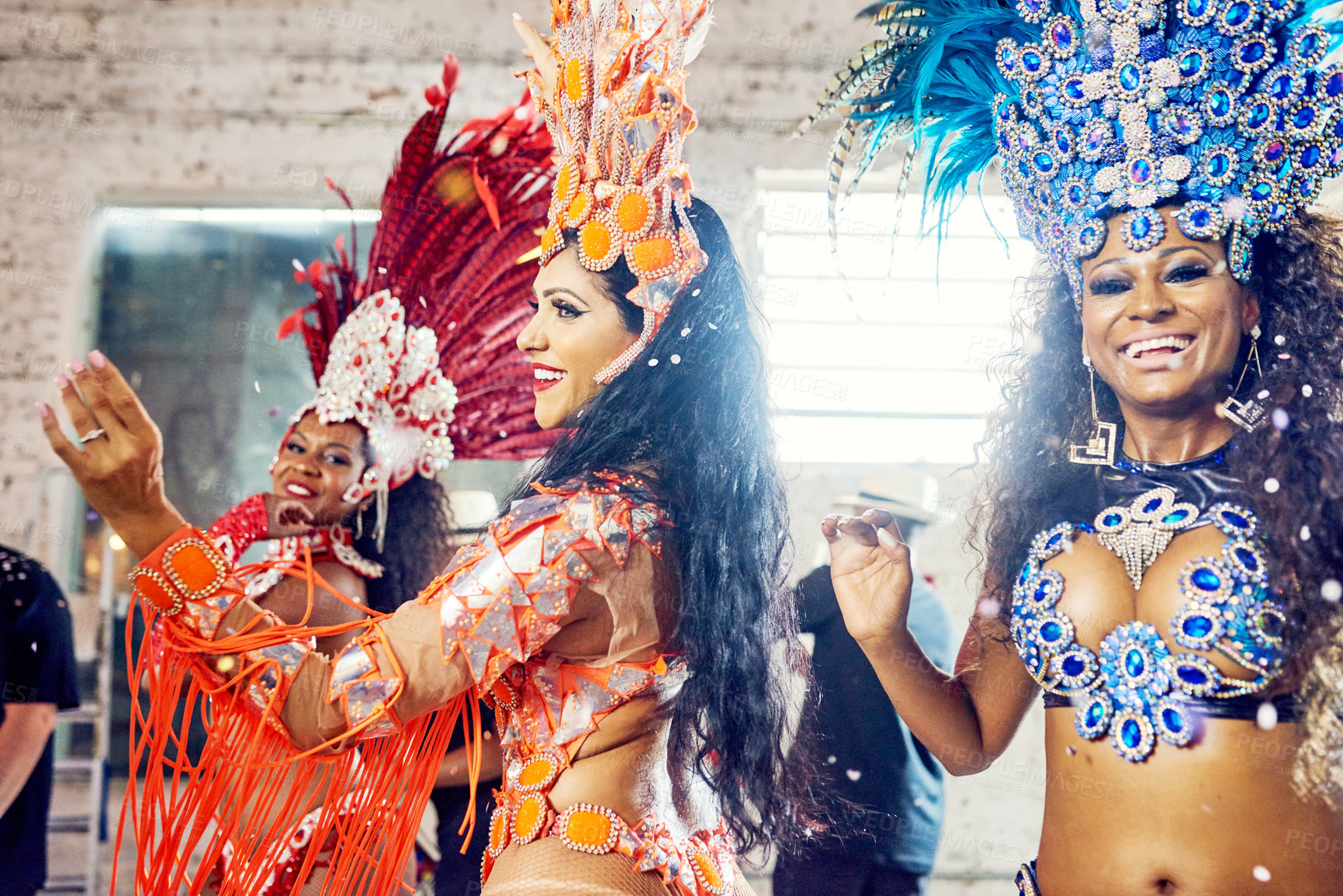 Buy stock photo Women, dancing and carnival fashion in Brazilian party event, festive celebration or New Year salsa performance. Smile, happy friends and samba dancers and feather accessory or festival show clothes