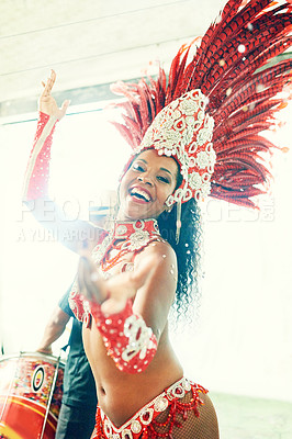 Buy stock photo Shot of a beautiful samba dancer performing at a carnival