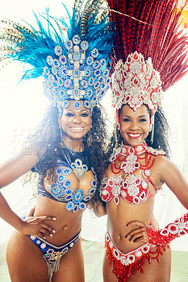 Buy stock photo Shot of beautiful samba dancers performing at a carnival