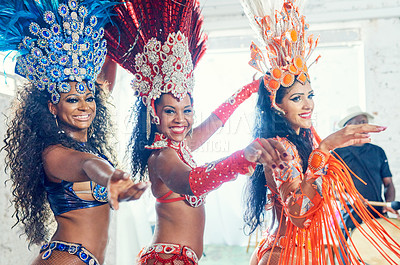 Buy stock photo Carnival performance, women and mardi gras dancer portrait on new year dancing with a smile. Concert female group at a social celebration event with music and sexy show dance party and festival