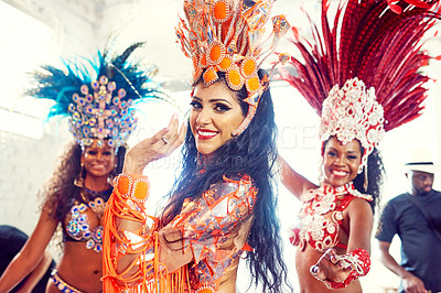 Buy stock photo Brazil, portrait and carnival with a woman friends outdoor to dance during a festival, event or celebration. Party, rio de janeiro and fashion with a female and friend group dancing for tradition