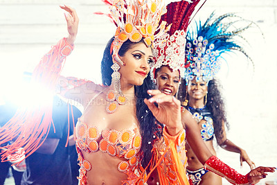 Buy stock photo Carnival, brazil and festival with a woman group in costume ready for a new year celebration event. Dance, party and tradition with female friends or dancers wearing cultural outfit in rio de janeiro