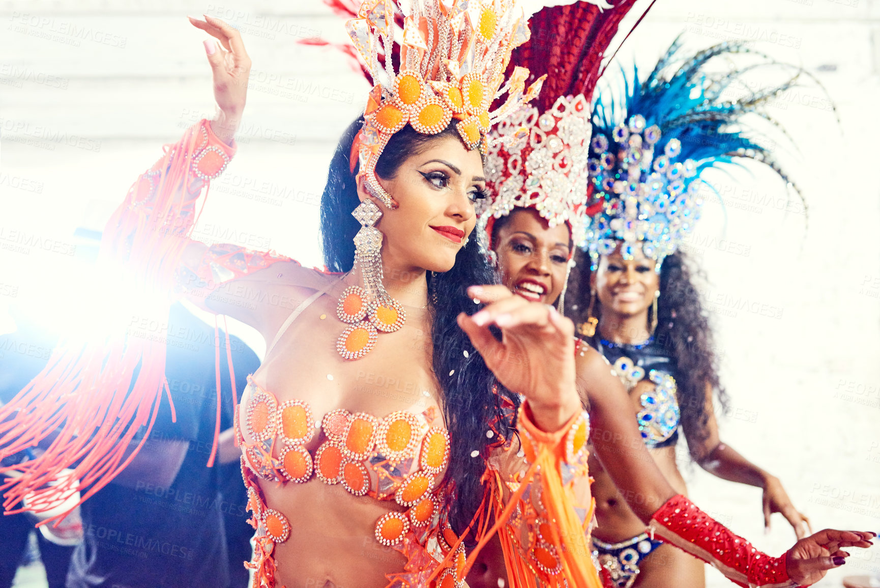 Buy stock photo Carnival, brazil and festival with a woman group in costume ready for a new year celebration event. Dance, party and tradition with female friends or dancers wearing cultural outfit in rio de janeiro