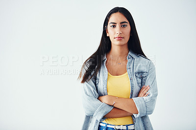 Buy stock photo Confident, fashion or portrait of woman in studio with summer style, natural cosmetics or comfort at mockup. Girl, accessory or crossed arms on white background for assertive, empowerment or pride