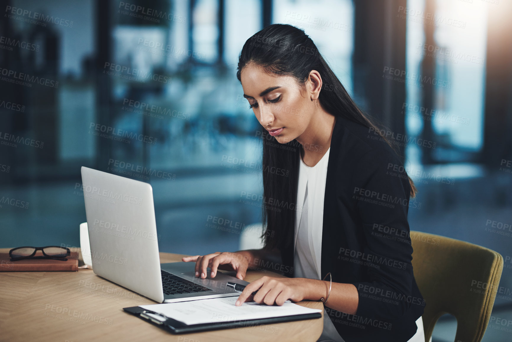 Buy stock photo Business woman, clipboard and laptop in office for work contract review, policy research and connection. Attorney lady, computer and insurance form for law firm, legal admin and online title deed faq