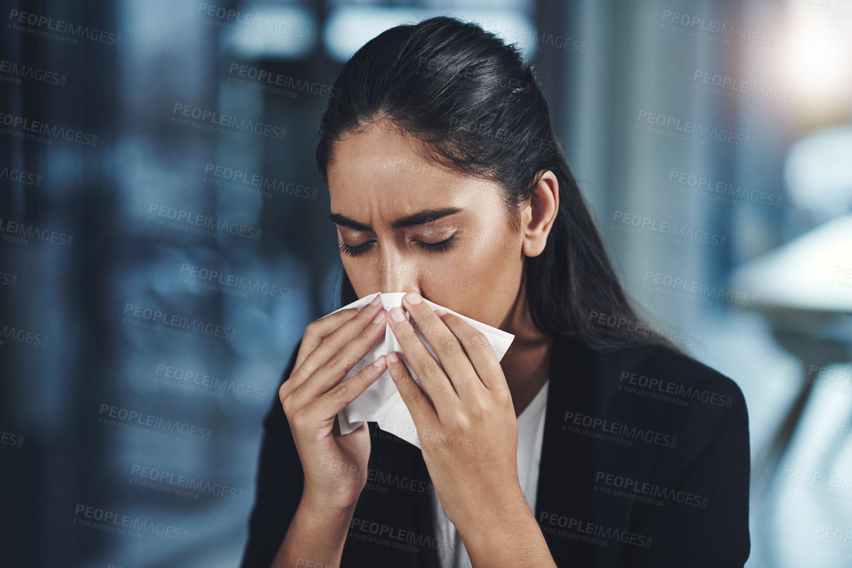 Buy stock photo Woman, sick and blowing nose in office with tissue, flu or cold as accountant in finance agency. Female person, working and unhealthy with sneeze, hay fever or sinus infection with allergy or virus