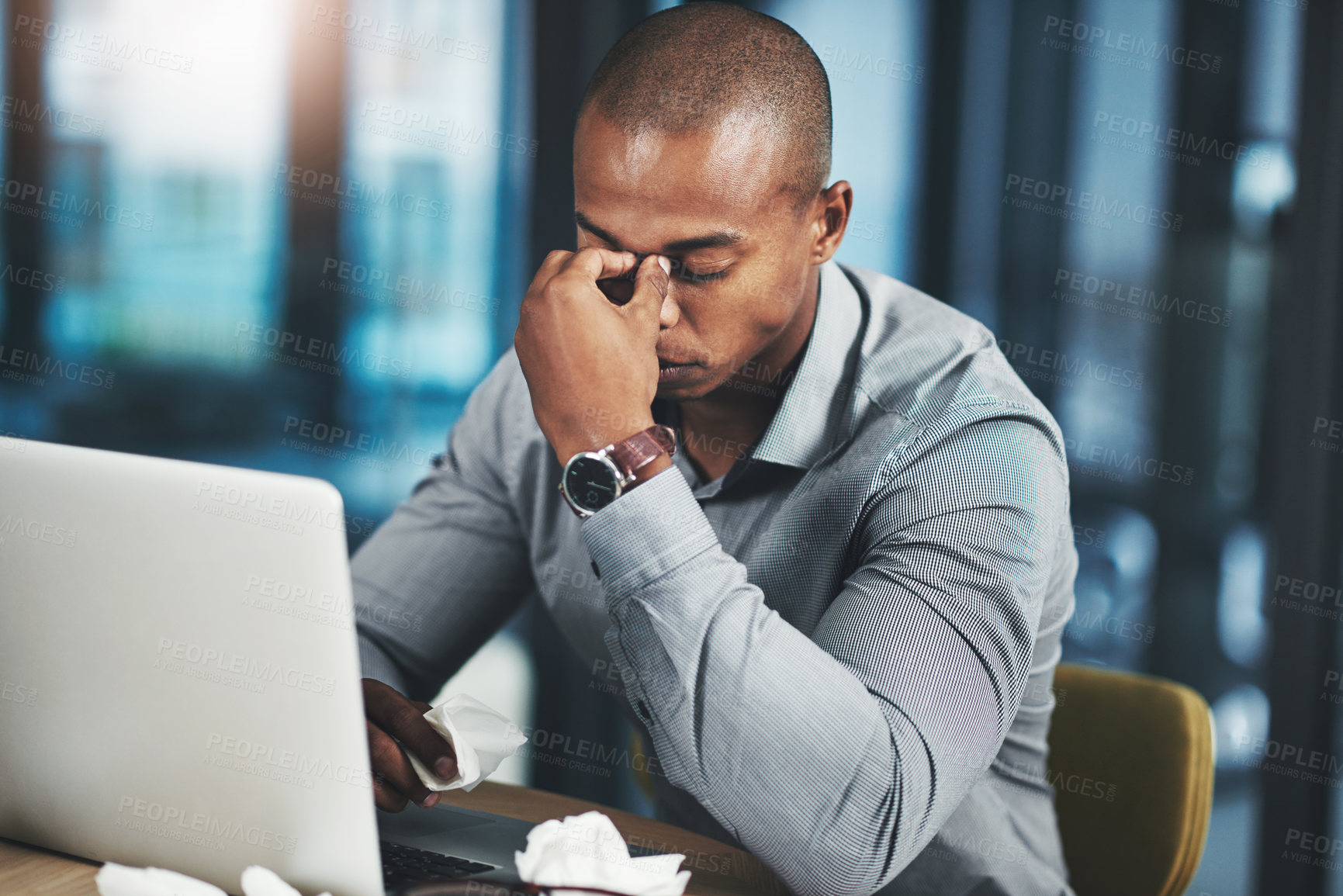 Buy stock photo Headache, stress and businessman with tissue in office for virus, fatigue and bacteria infection. Frustrated, attorney and laptop with medical problem by desk for fever, congestion and LB.1 covid