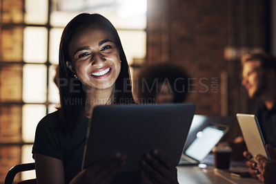 Buy stock photo Portrait, business and woman with a tablet, night and smile with connection, startup and communication. Staff, evening or employee with technology, email notification or internet with research or app