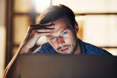 Buy stock photo Stress, man or confused by laptop in startup for project deadline, reading news or phishing email. Face, night and hacked engineer in tech with anxiety for web crisis, digital fraud or online scam