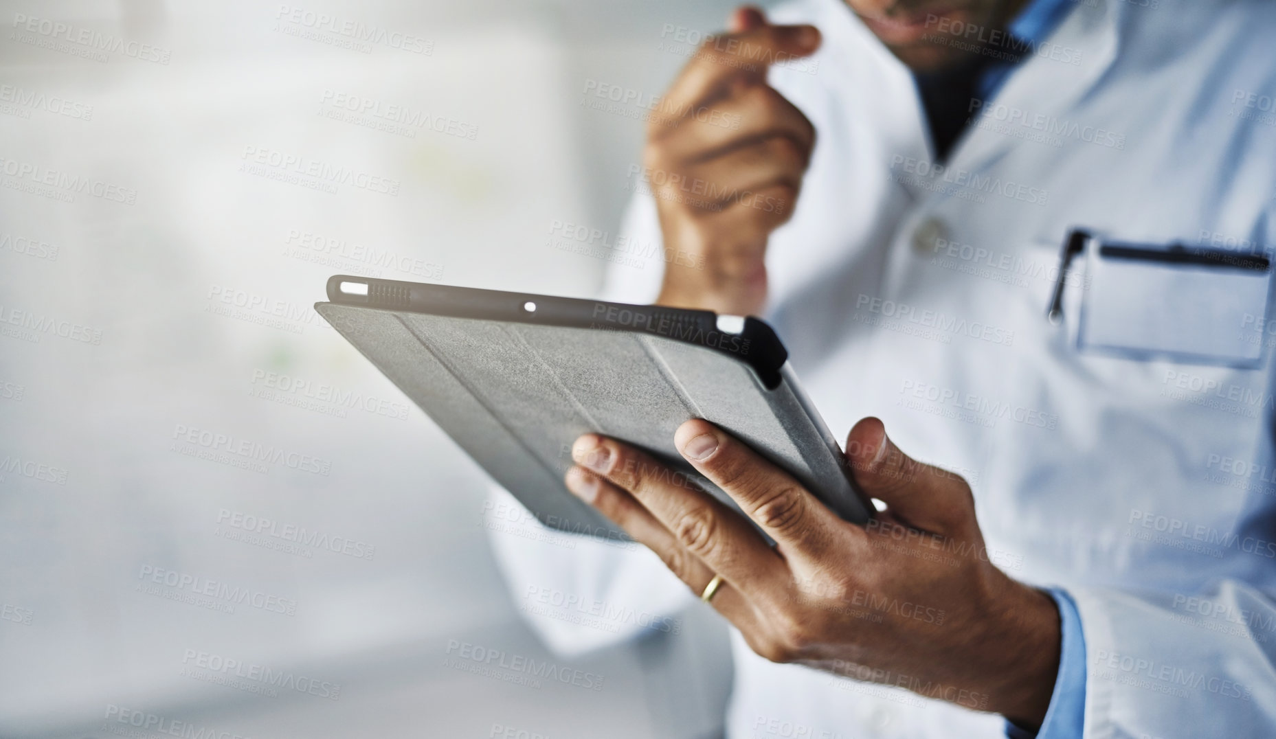 Buy stock photo Tablet, hands and scientist person in laboratory for research, data analytics and reading experiment test results. Researcher, digital and online report, information and vaccine innovation for health