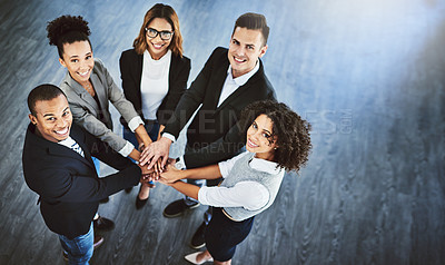 Buy stock photo Hands, stack and above portrait of business people for teamwork, collaboration and solidarity in office. Corporate, diversity and top view of men and women for support, community and coworking