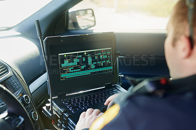 Buy stock photo Database, laptop and a police officer in a car for security, urban law and safety data while working. Screen, programming and male protection professional with a computer to hack system in transport