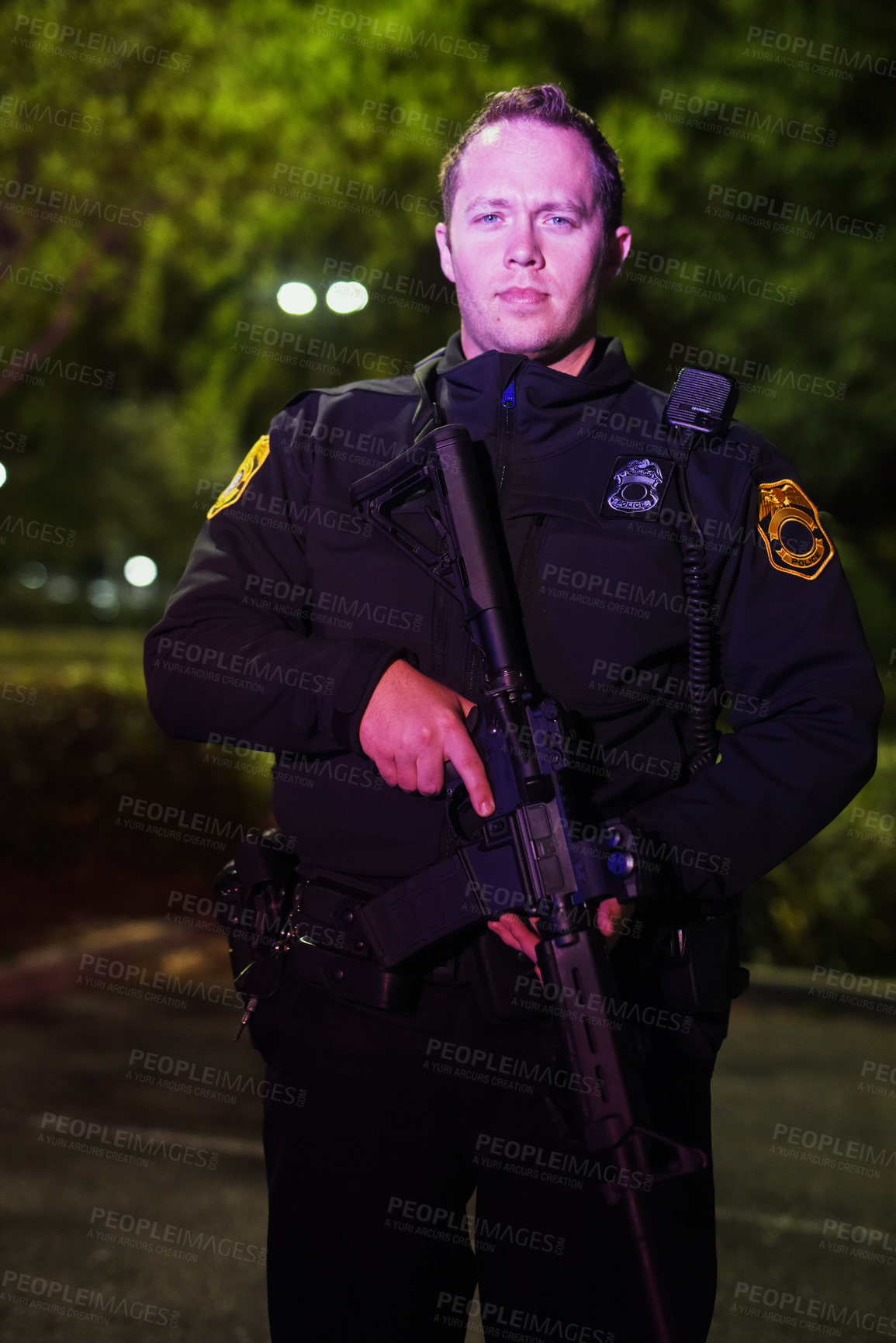 Buy stock photo Officer, portrait and rifle with protection service by vehicle at night for law enforcement, city patrol and crime prevention. Public safety, man in uniform and policeman in neighborhood for security