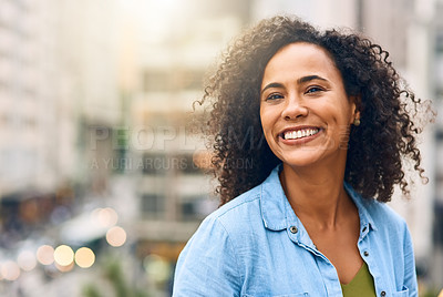 Buy stock photo Happy, smile and portrait of woman in city with happiness, freedom and confidence in urban town. Traveling, face and confident and African female person on weekend, holiday and relax in South Africa