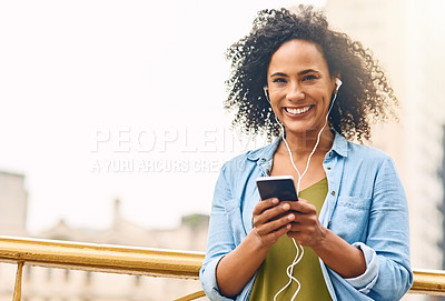 Buy stock photo Happy, music and portrait of woman in city with phone listening to track, audio and mockup in urban town. Traveling, smile and beautiful African female person streaming radio for relaxing on weekend