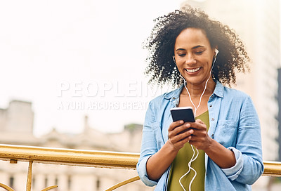 Buy stock photo Music, happy and woman in city with phone for happiness listening to track, audio and song in urban town. Traveling, mockup space and African female person smile streaming radio for relax on weekend