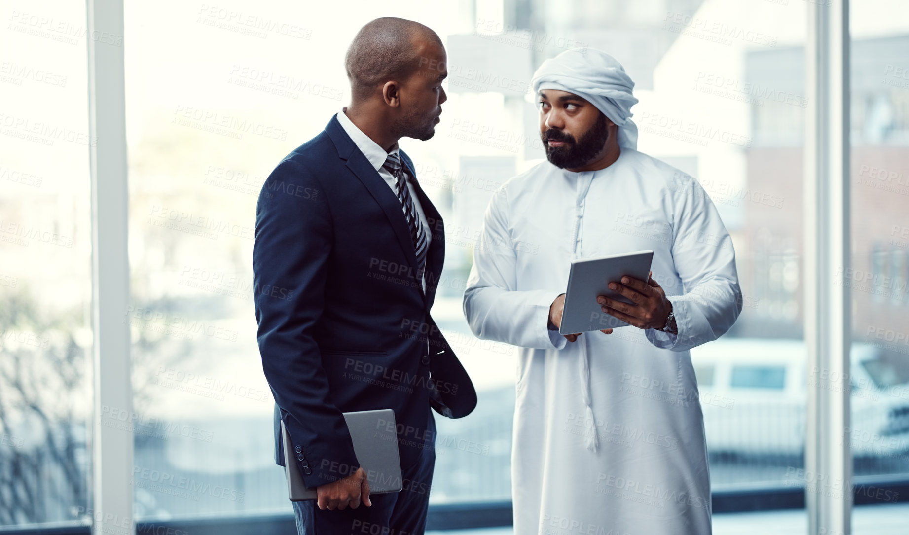 Buy stock photo Meeting, partnership and business people on tablet for entrepreneur, finance and review research. Diverse office, teamwork and Muslim man with tech for budget, growth and feedback for proposal