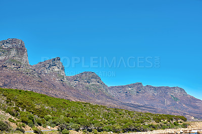 Buy stock photo Copy space with scenic landscape the twelve apostles at Table Mountain in Cape Town against a clear blue sky background. Amazing view of plants growing around a majestic rocky valley in nature