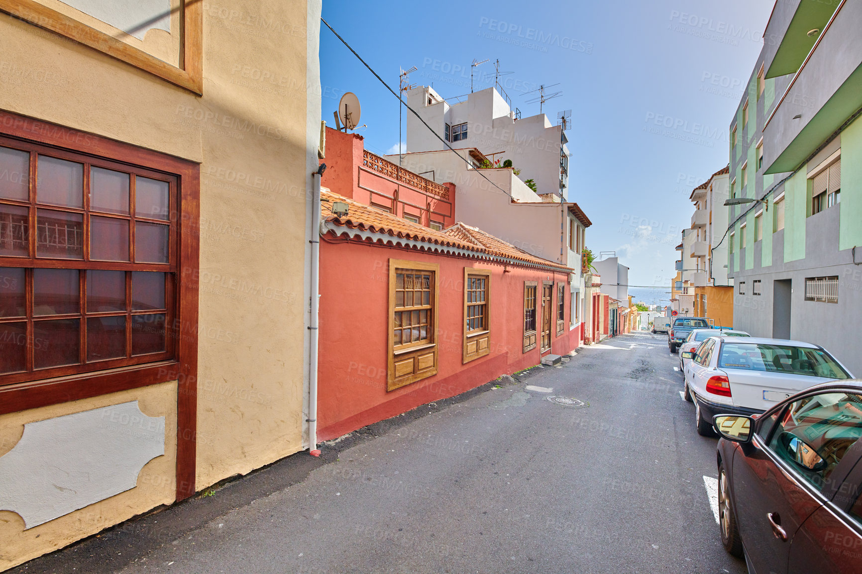 Buy stock photo Old colorful streets and houses of beautiful Santa Cruz, La Palma, Span