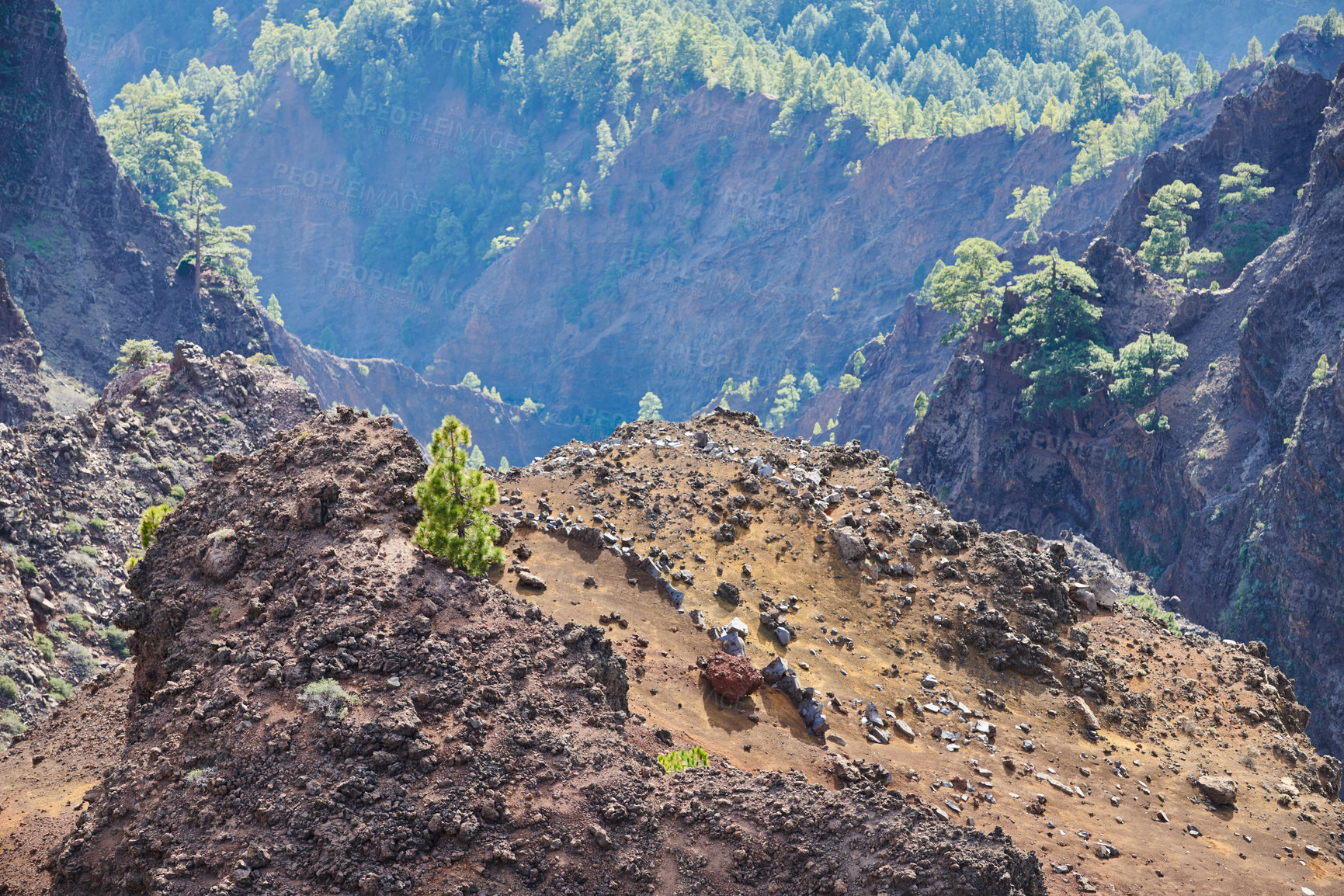 Buy stock photo Landscape view of the mountains and hill of Roque de Los Muchachos. La Palma, Canary Islands in Spain. Travel and tourism for a scenic, calm, peaceful and zen destination. Hiking in the wild