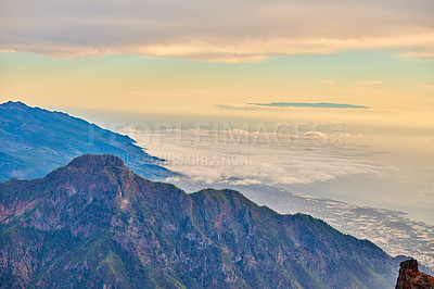 Buy stock photo Nature, horizon and mountain with cliff terrain environment for landscape, conservation or hiking. Roqu de los Muchacos, ecology and outdoor with rugged valley for discovery, exploration or journey