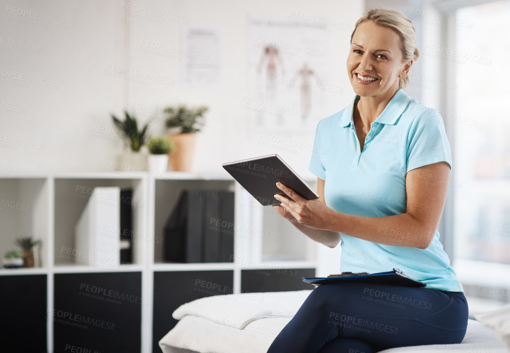 Buy stock photo Physiotherapy, woman and tablet in office for portrait, telehealth and appointment schedule. Mature physiotherapist, tech and smile in practice for innovation, healthcare app and client database