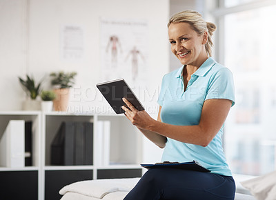 Buy stock photo Physiotherapy, happy woman and portrait in office with tablet, telehealth and appointment schedule. Mature physiotherapist, tech and smile in practice for medicare, healthcare app and client database