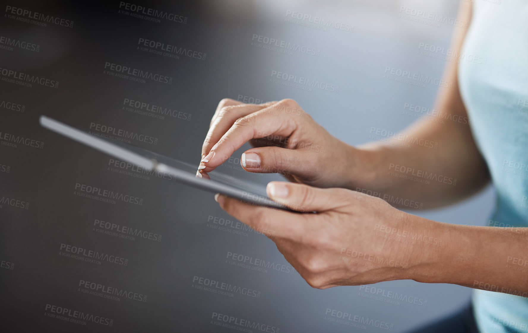 Buy stock photo Hands, physiotherapist and woman with tablet, typing and internet with online schedule. Person, closeup and physical therapy with tech, research for healthcare and expert with digital app and network