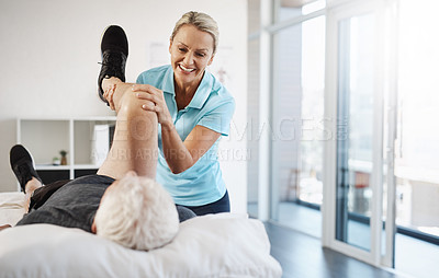 Buy stock photo Patient. physiotherapist and woman with help, healthcare and rehabilitation with recovery, healing and support. Expert, mature people or physical therapy with injury and consulting for muscle tension