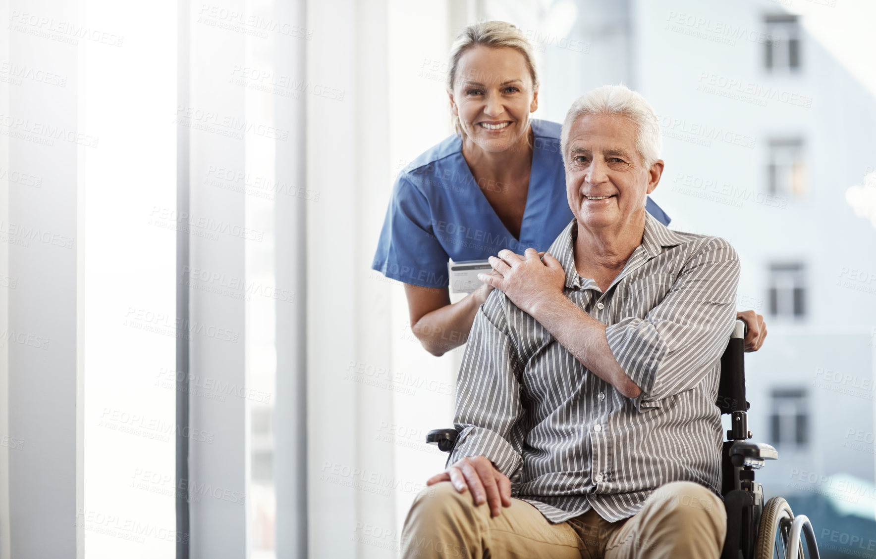 Buy stock photo Portrait, nurse and patient with wheelchair, support and healing with compassion, friendly service and recovery. Face, old man or person with disability, caregiver or empathy with smile or consulting