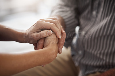 Buy stock photo Holding hands, people and support with sympathy, compassion and recovery with prayer. Closeup, senior man and woman with empathy, hope and healing with trust, gratitude and counselling with kindness