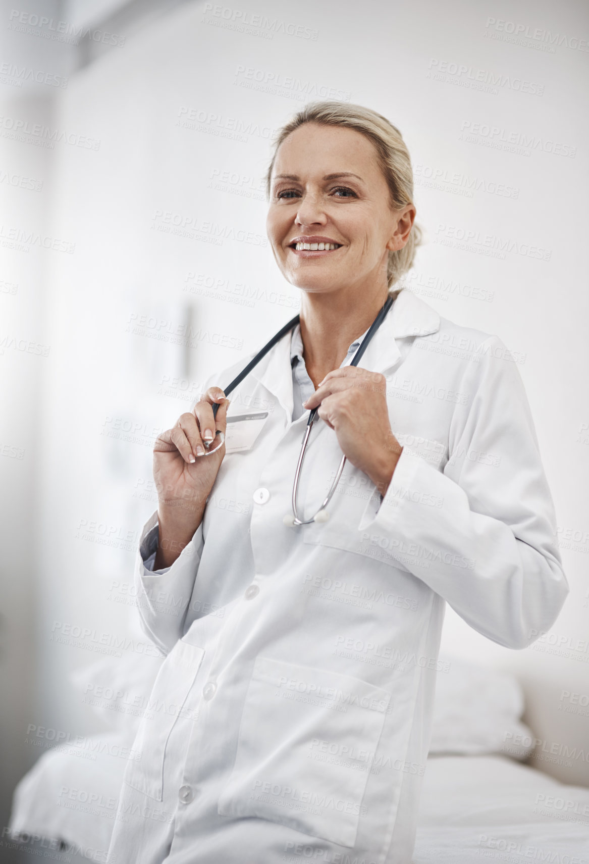 Buy stock photo Happy woman, doctor or portrait in hospital for healthcare, confidence or smile with stethoscope. Mature cardiologist, medical expert or equipment in clinic for friendly service, positivity or trust