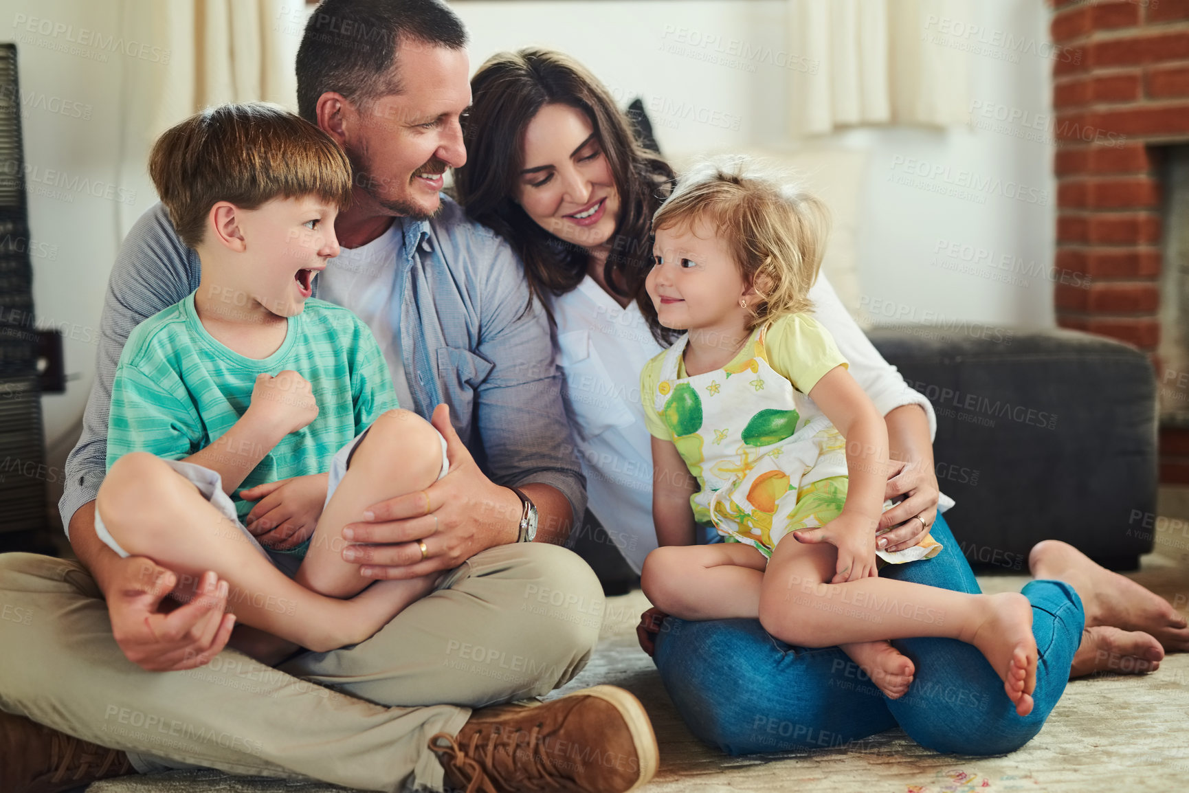 Buy stock photo Happy family, relax or parents laughing with siblings and smile for bonding or child development. Mother, father and funny kids playing together with dad, mom or children with love for boy and girl