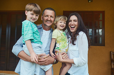 Buy stock photo Happy family, smile or parents in backyard with children and smile for bonding or child development. Mother, father and kids in porch with dad, mom or people with love and care for support together