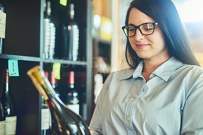 Buy stock photo Shot of a young sommelier in a wine cellar