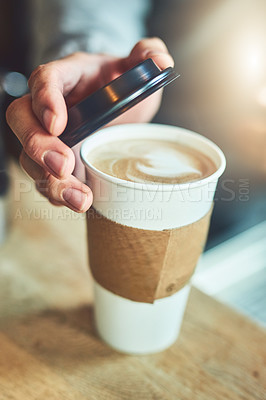 Buy stock photo Hands, restaurant and person with takeaway coffee in morning with lid for beverage sale in cafe. Drink, paper container and closeup of customer with caffeine latte, cappuccino or espresso in store.