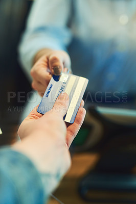 Buy stock photo People, hands and credit card to pay at shop, transaction and customer for banking purchase. Ecommerce, consumer and retail store with loyalty exchange at checkout, account transfer and shopping