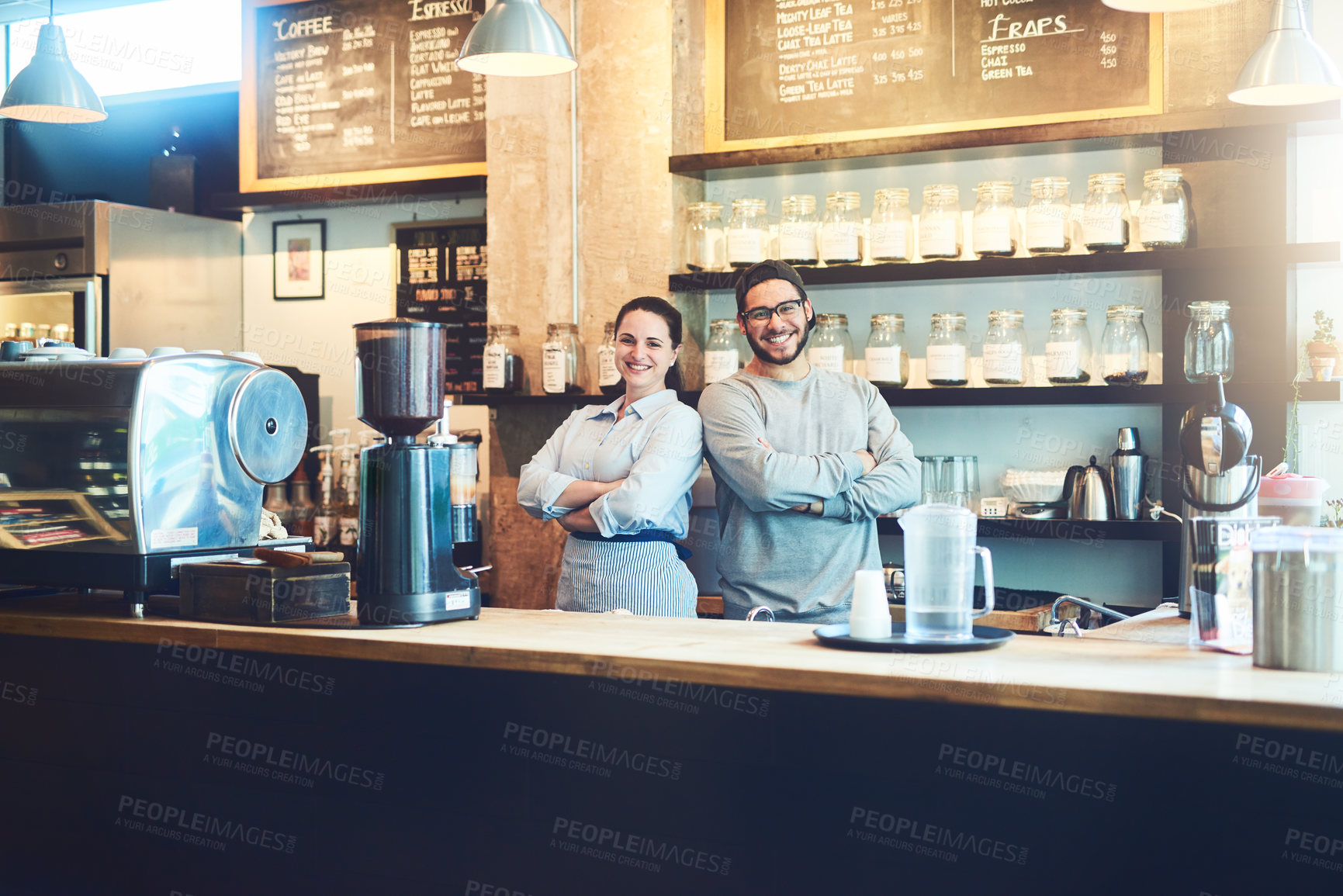 Buy stock photo Crossed arms, happy and portrait of baristas in cafe with confidence for beverage industry. Team, pride and servers from London with smile for hospitality career in shop with professional service.