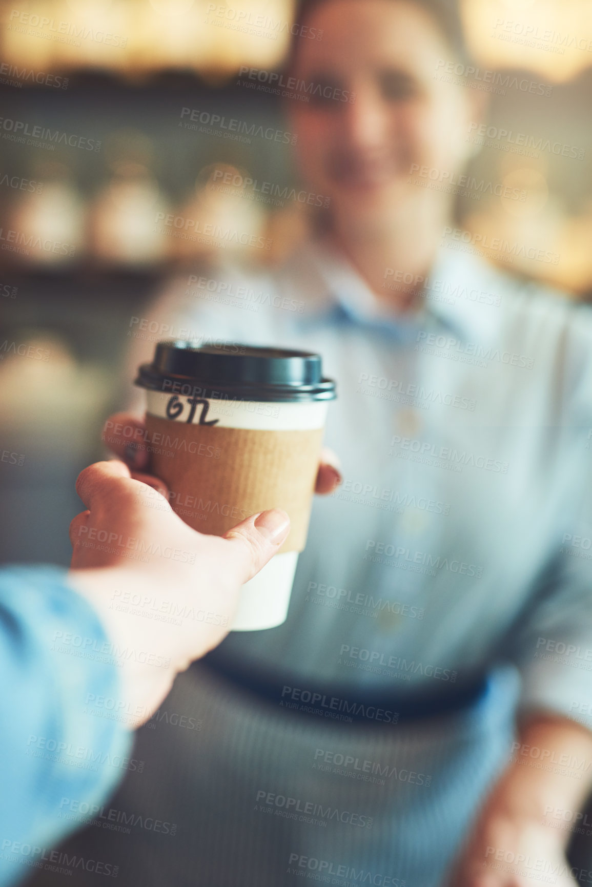 Buy stock photo Waiter, hands and coffee in cafe for customer, professional service and hospitality with latte or mocha. Barista, server and man as small business owner for cappuccino, espresso and restaurant drink