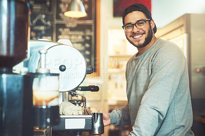 Buy stock photo Portrait of a young barista working in a cafe