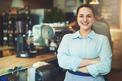 Buy stock photo Portrait of a young woman working in a cafe